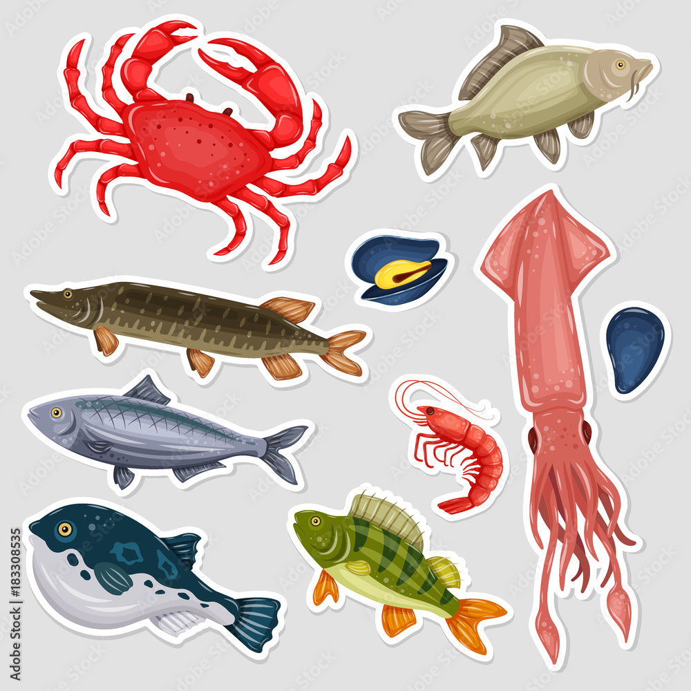 Stickers seafood set with crab, fish, mussel and shrimp on gray background. Design for restaurant menu, market. Marine creatures in flat style, sticky label - vector illustration Stickers seafood set with crab, fish, mussel and shrimp on gray background. Design for restaurant menu, market. Marine creatures in flat style, sticky label - vector illustration