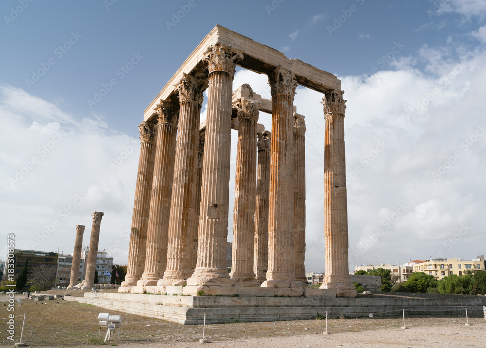 Iconic pillars of Temple of Olympian Zeus, Athens historic center.