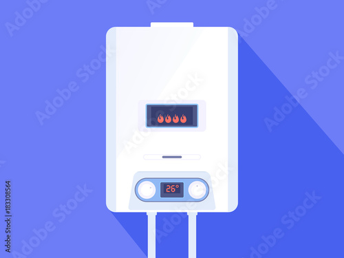 White gas boiler water heater. Home heated gas boiler on blue background. Vector illustration