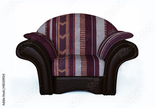 Fabric armchair sofa in a slightly primitive style. Upholstery material with pattern