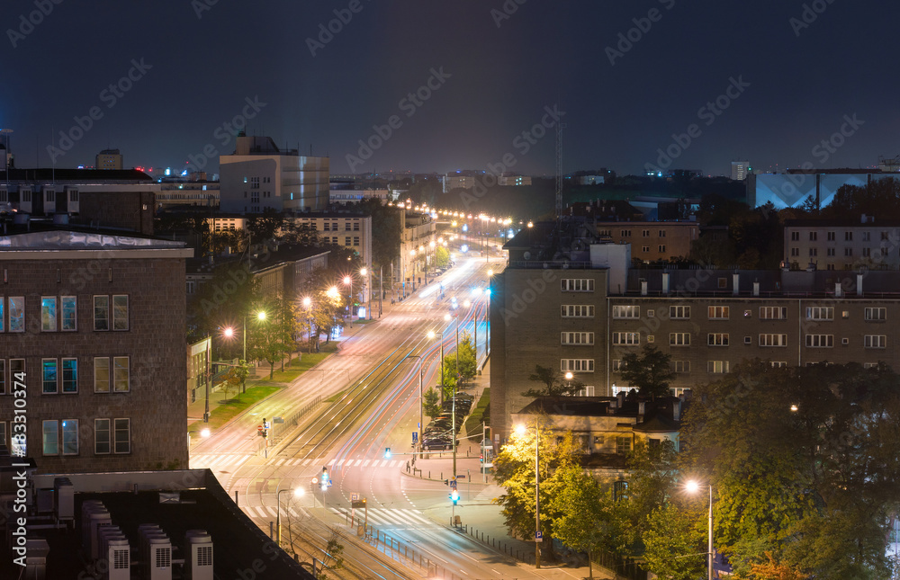 night view of the Independence Avenue in Warsaw