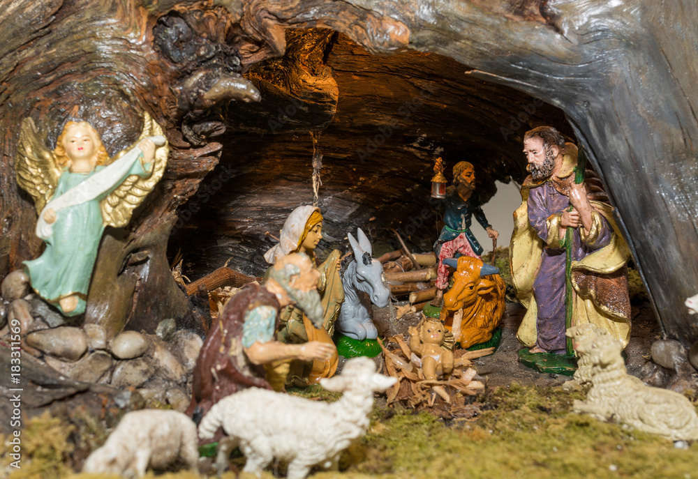 Christmas Nativity scene, Christmas nativity scene represented with statuettes of Mary, Joseph 