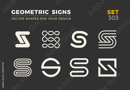 Set of eight minimalistic trendy shapes. Stylish vector logo emblems for Your design. Simple geometric signs collection.