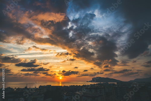 View from balcony of sunset over sea and evening dramatic sky  Alanya  Mediterranean Turkey coast