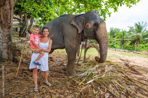 Caucasian tourists make a photo near elephant in Sri Lanka photo