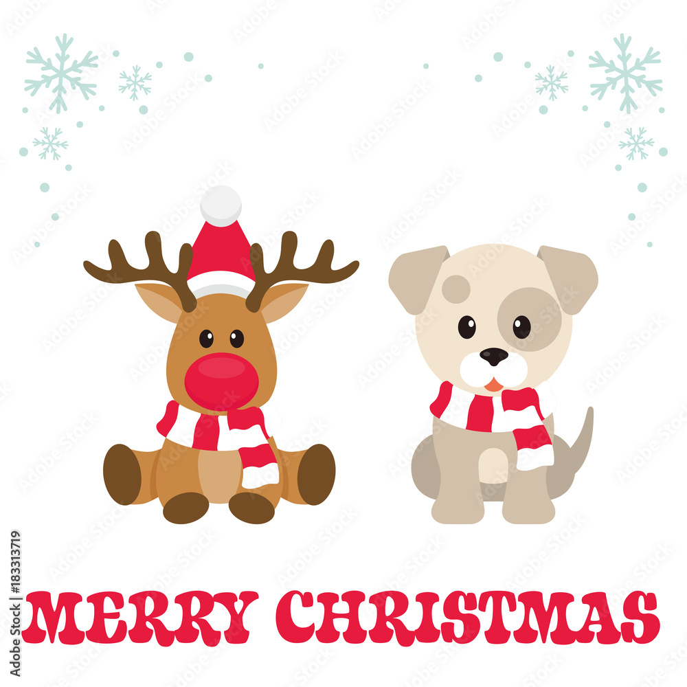 cartoon christmas deer and winter dog with text cartoon christmas deer and winter dog with text