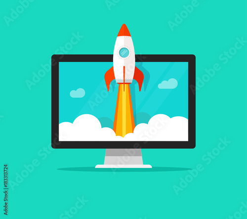 Fototapeta Naklejka Na Ścianę i Meble -  Startup vector concept, flat cartoon style quick rocket launch and computer or desktop pc, idea of successful business project start up, boost technology, innovation strategy