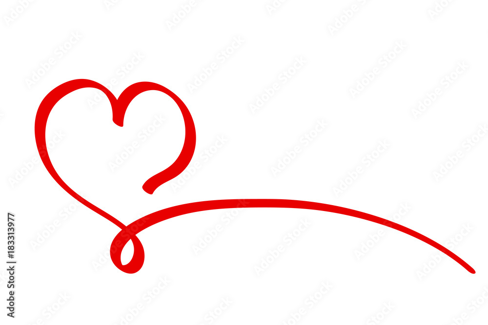 Calligraphy Red Ribbon Heart on White Background, Vector Stock Illustration