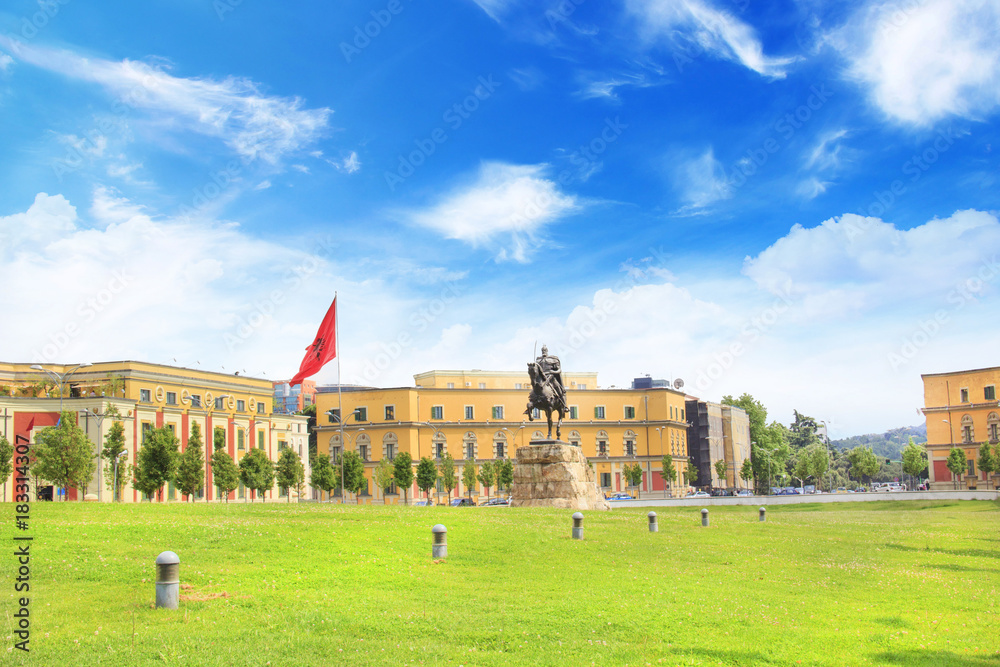 Fototapeta premium Monument to Skanderbeg in Scanderbeg Square in the center of Tirana, Albania