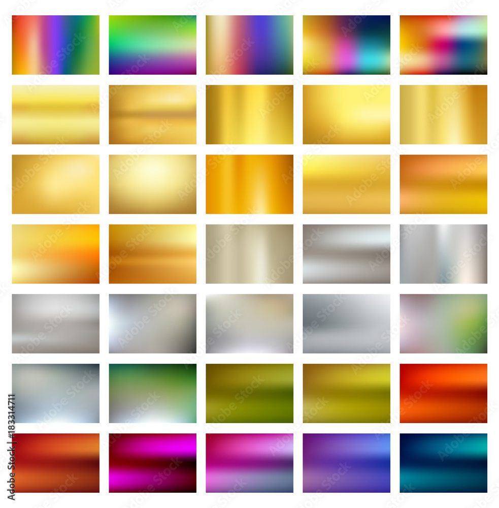 Multicolored metallic gradient mesh backgrounds, metals, silver, gold, bronze, brass, copper, eps10 vector