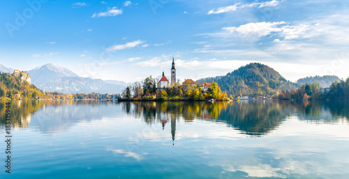 Lake Bled Slovenia. Beautiful mountain lake with small Pilgrimage Church. photo