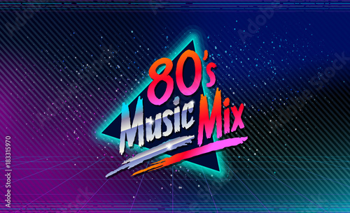 80's music mix. Retro style disco design neon. 80's party, 80s fashion, 80s background, 80s graphic, 80s style, disco party 1980, club vintage, dance night. Easy editable for design.