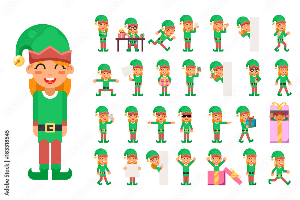 Fototapeta premium Elf Girl Christmas Santa Claus Helper in Different Poses and Actions Teen Characters Icons Set New Year Gift Holiday Flat Design Vector Illustration