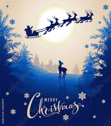 Merry Christmas card design text. Young deer looks up at silhouette Santa sleigh of reindeer in night sky. Winter fairy forest