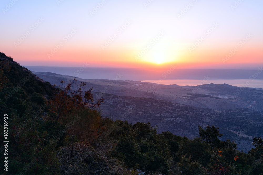 Naklejka premium View of the sea of Galilee (Kineret lake) from mountain