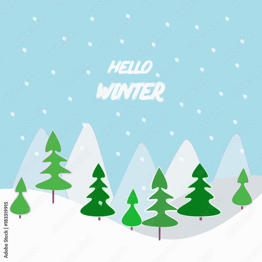 Merry Christmas greeting card with forest in snow