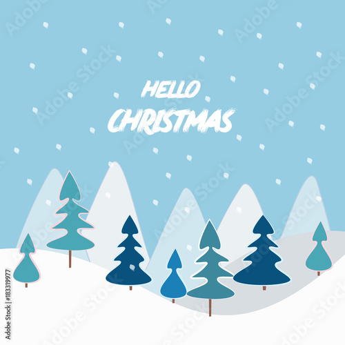 Merry Christmas greeting card with forest in snow