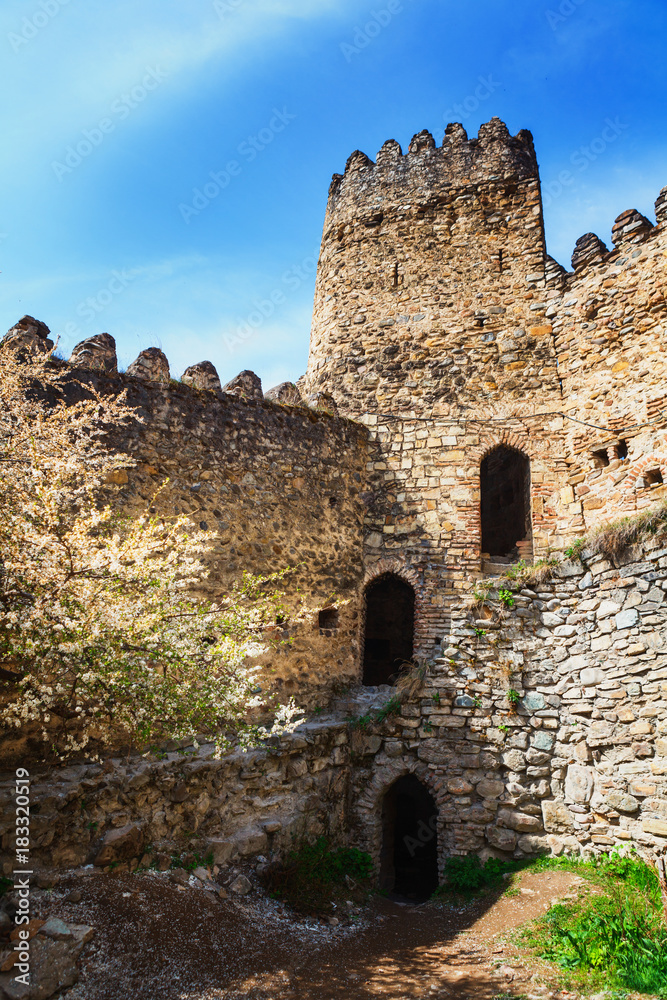 Nice panoramic view of the fortress and church Ananuri, standing on the shore of the reservoir Zhinvali. Georgia