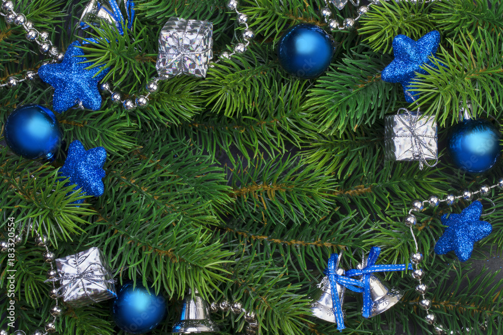 Fototapeta premium Christmas branch with blue decorations