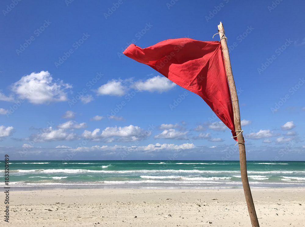 Red flag on the beach with ocean in background Red flag on the beach with ocean in background