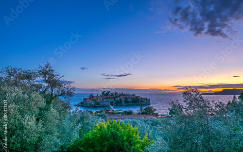 Wonderful Sunset at Saint Stephen (Sveti Stefan), Adriatic Sea, Balkan Peninsula, Montenegro, Europe