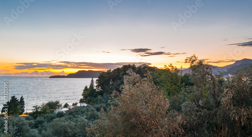 Wonderful Sunset at Saint Stephen (Sveti Stefan), Adriatic Sea, Balkan Peninsula, Montenegro, Europe