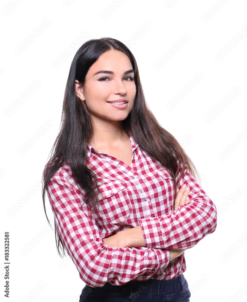 Beautiful smiling woman on white background Beautiful smiling woman on white background