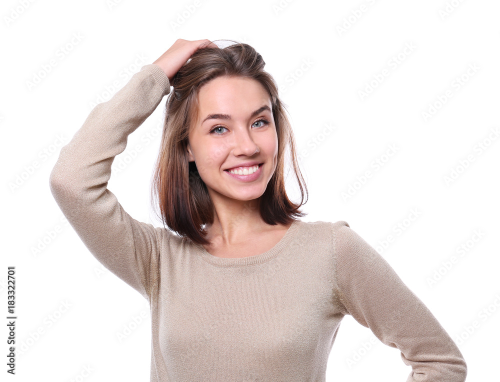 Beautiful smiling woman on white background Beautiful smiling woman on white background
