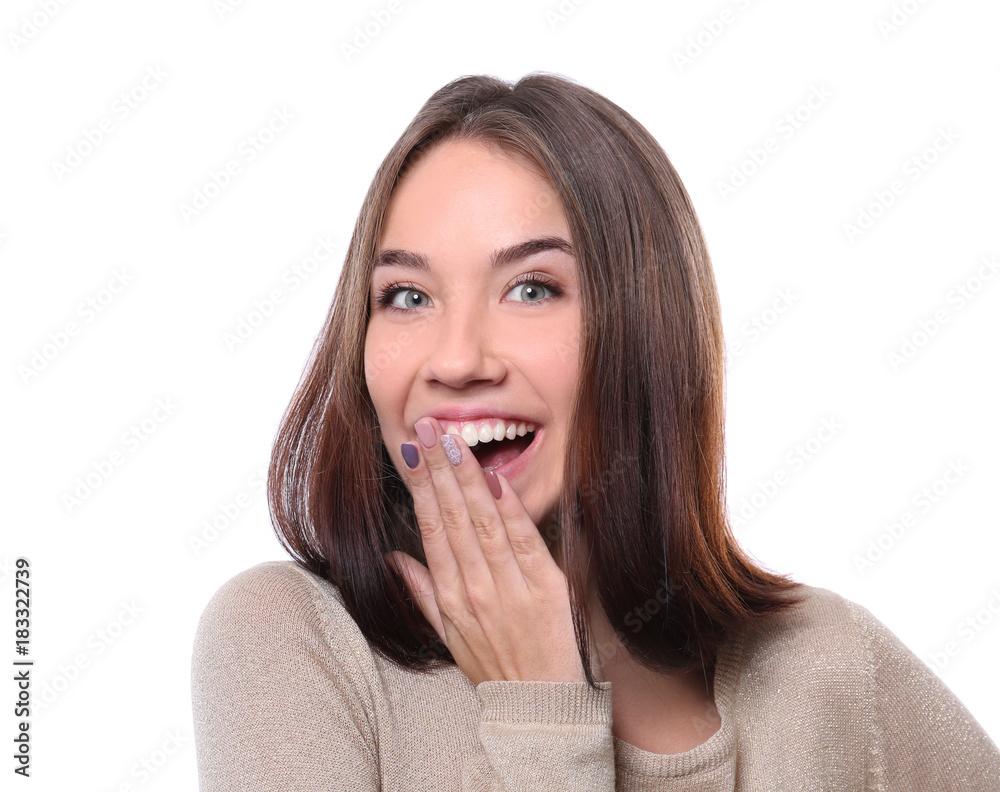 Beautiful smiling woman on white background Beautiful smiling woman on white background