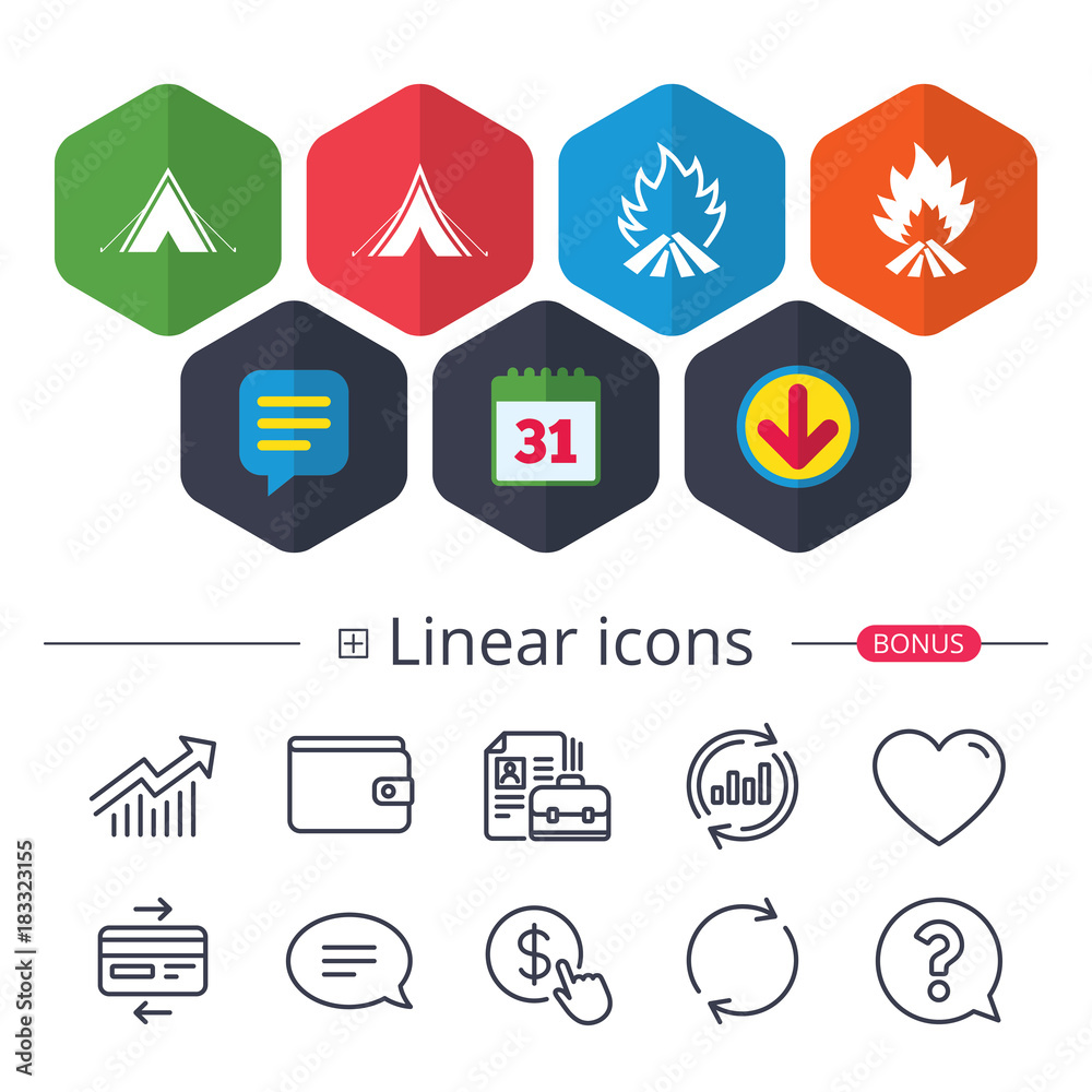 Tourist camping tent signs. Fire flame icons. Tourist camping tent signs. Fire flame icons.