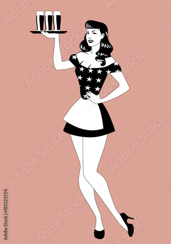 Pinup girl carrying a tray with beer glasses wearing a short skirt, apron and sweater with stars