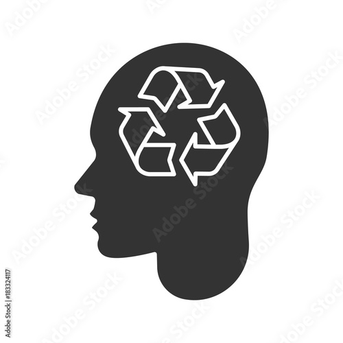 Human head with recycling sign inside glyph icon