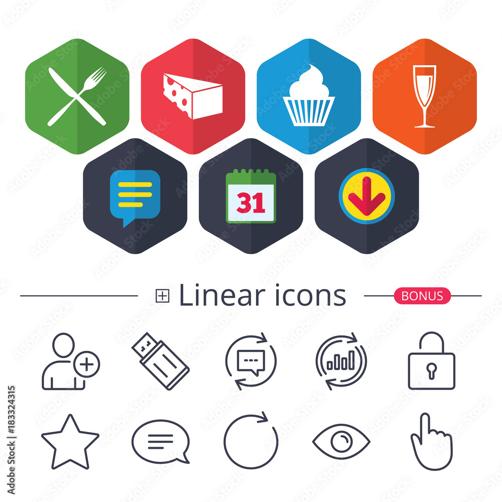 Food icons. Muffin cupcake symbol. Fork, knife. Food icons. Muffin cupcake symbol. Fork, knife.