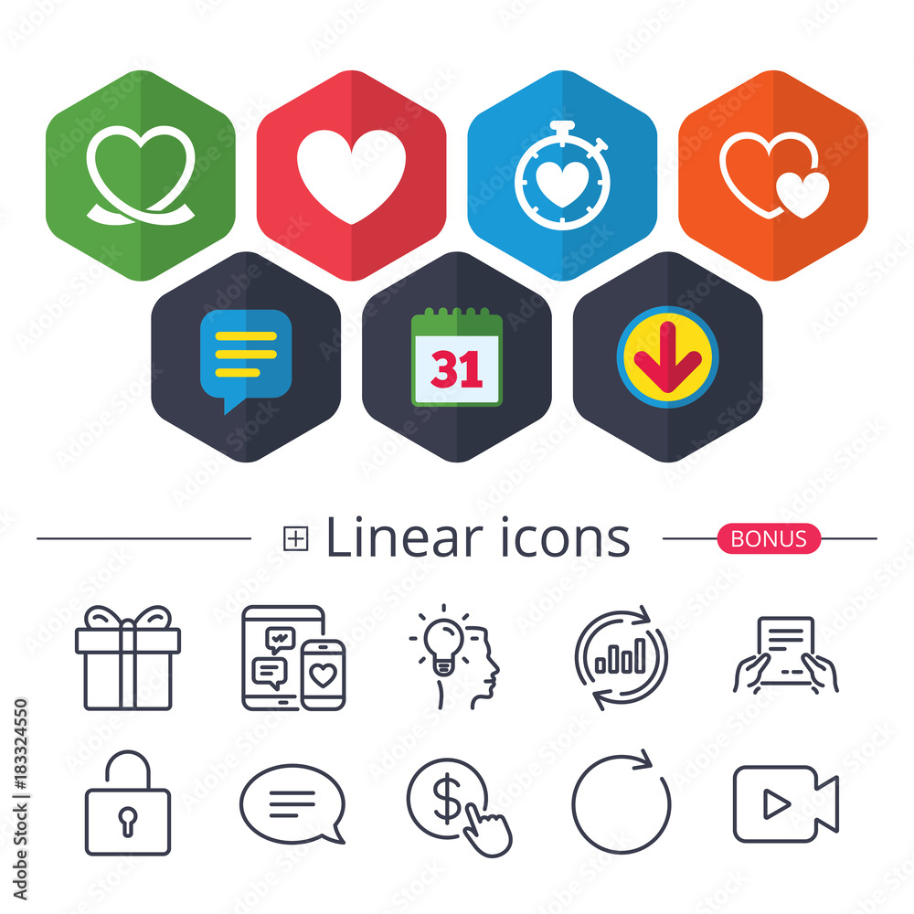 Heart ribbon icon. Timer stopwatch symbol. Heart ribbon icon. Timer stopwatch symbol.
