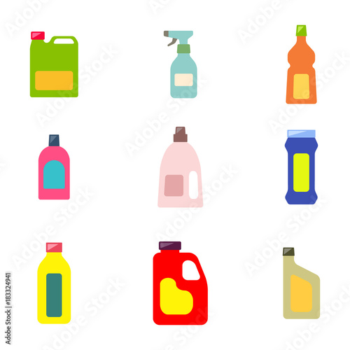 icons set with bottles with cleaning chemical products  for your design