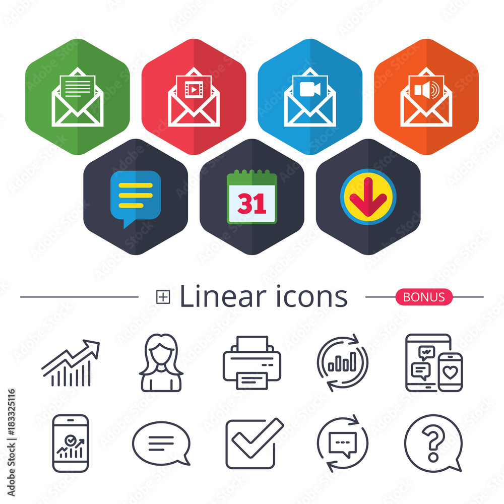Mail envelope icons. Message document symbols. Mail envelope icons. Message document symbols.