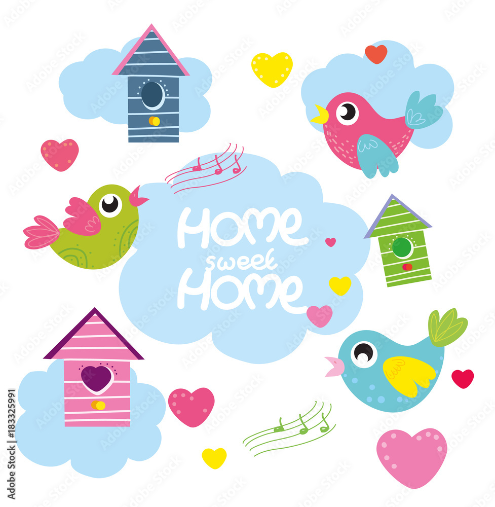 home sweet home, vector set cartoon birds, hearts, bird house. Stock Vector  | Adobe Stock