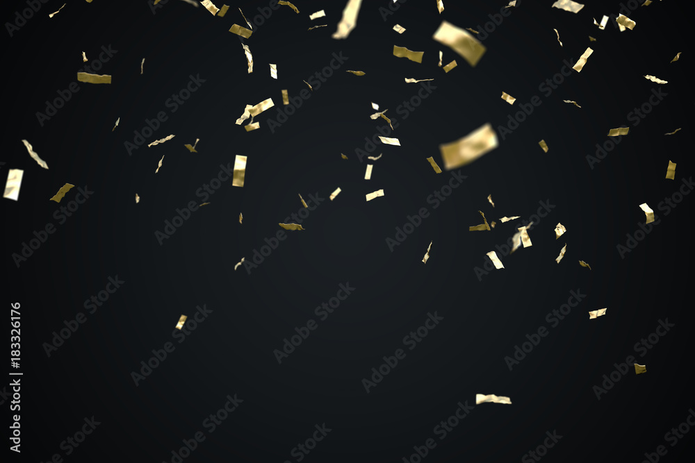 Golden confetti isolated on black background. 3D rendered illustion. - obrazy, fototapety, plakaty 
