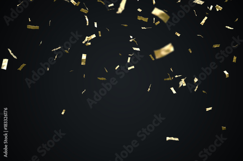 Golden confetti isolated on black background. 3D rendered illustion.