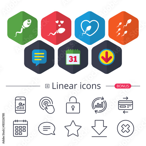 Sperm icons. Fertilization or insemination signs.