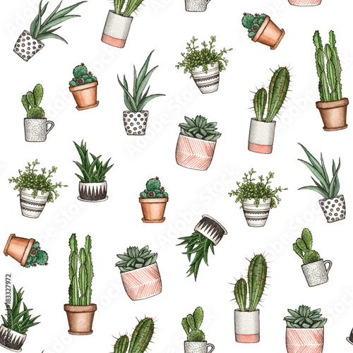 watercolor hand painting home plants. seamless pattern with white background