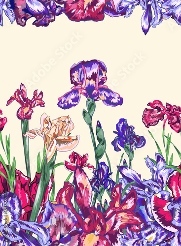Fototapeta Naklejka Na Ścianę i Meble -  Purple Iris Vector Blossom Seamless Pattern