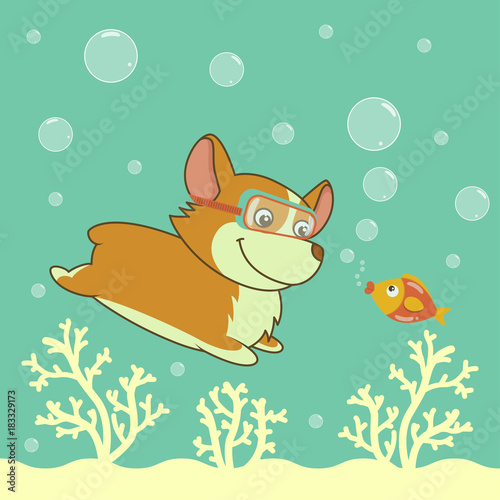 Cartoon welsh corgi dog diving in the ocean