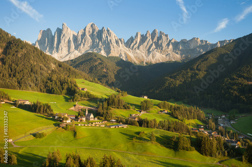 Small Italian mountain town of St. Magdalena in Val di Funes at sunset © TPhotography