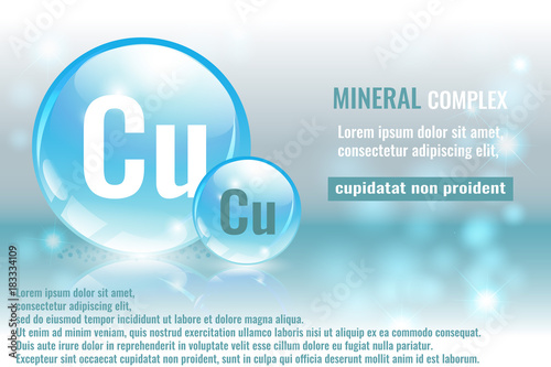 Mineral cu, Cuprum complex with chemical element symbol. Pharmaceutic, medical background with space for text.