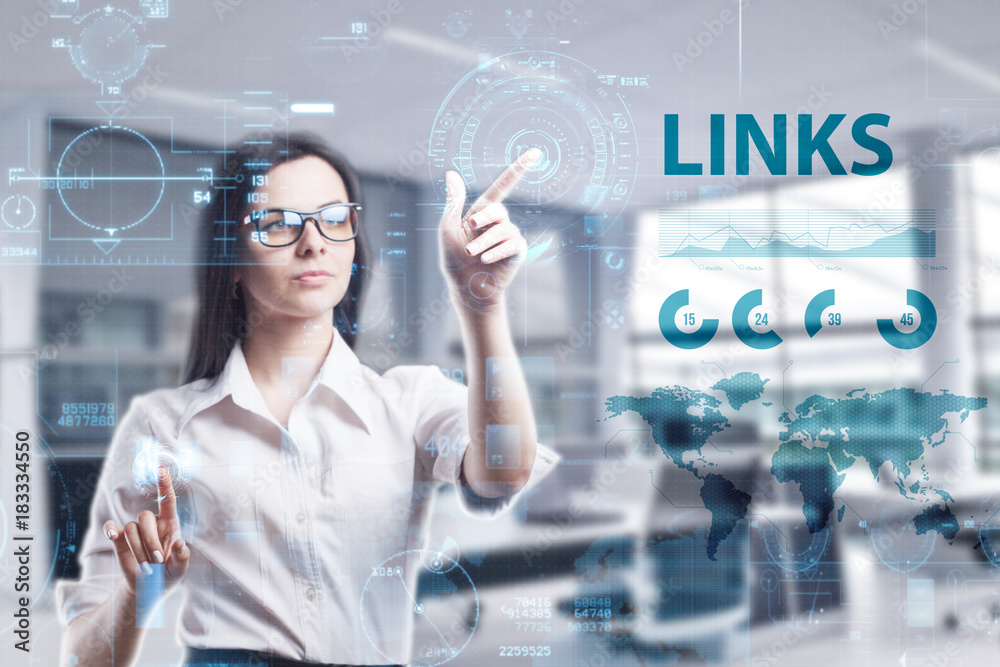 The concept of business, technology, the Internet and the network. A young entrepreneur working on a virtual screen of the future and sees the inscription: Links The concept of business, technology, the Internet and the network. A young entrepreneur working on a virtual screen of the future and sees the inscription: Links