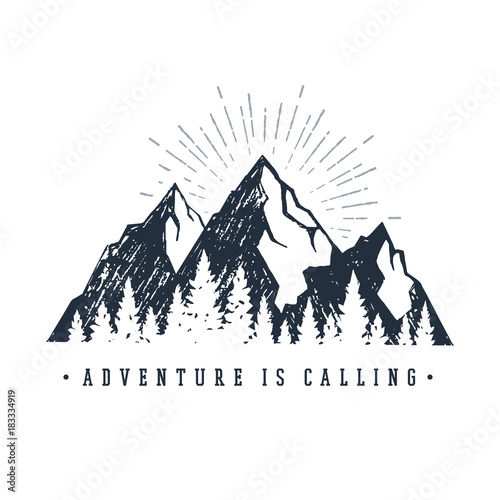 Hand drawn inspirational label with mountains and pine trees textured vector illustrations and 