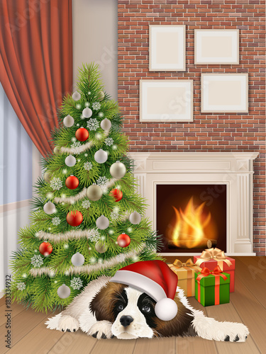 A cute fluffy dog in a Santa Claus hat is lying near the Christmas tree and gift boxes, before the fireplace. Vector illustration about Christmas or New year.