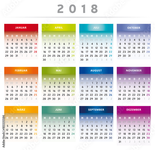 Calendrier 2018 en Allemand - Couleurs Arc-en-Ciel Format 4 Trimestres