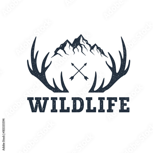 Hand drawn inspirational label with mountains and antlers textured vector illustrations and "Wildlife" lettering.